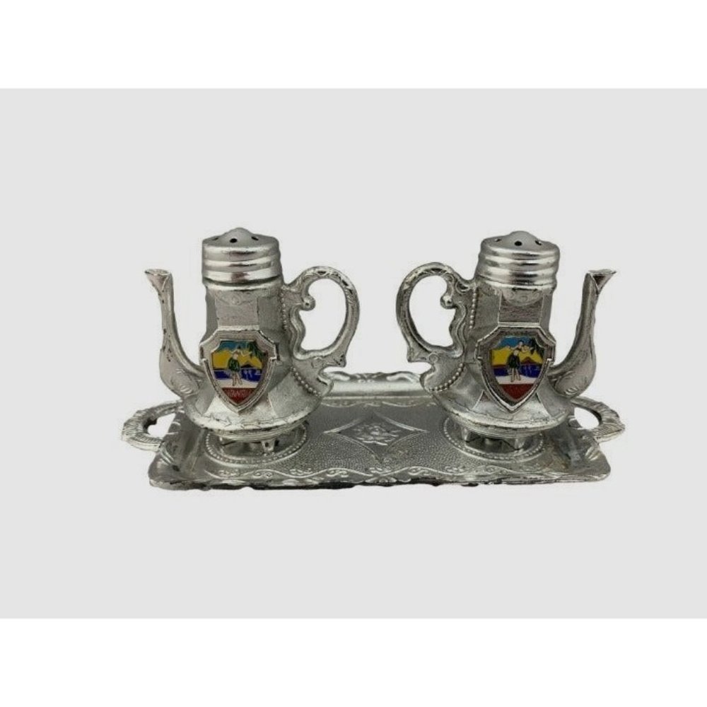 Hawaii Salt and Paper Shakers with Tray Metal Made in Japan Hula Dancers 2" Tall - Picture 1 of 9